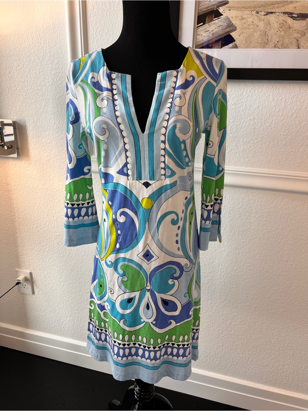 Blue & Green Patterned V-Neck Shift Dress